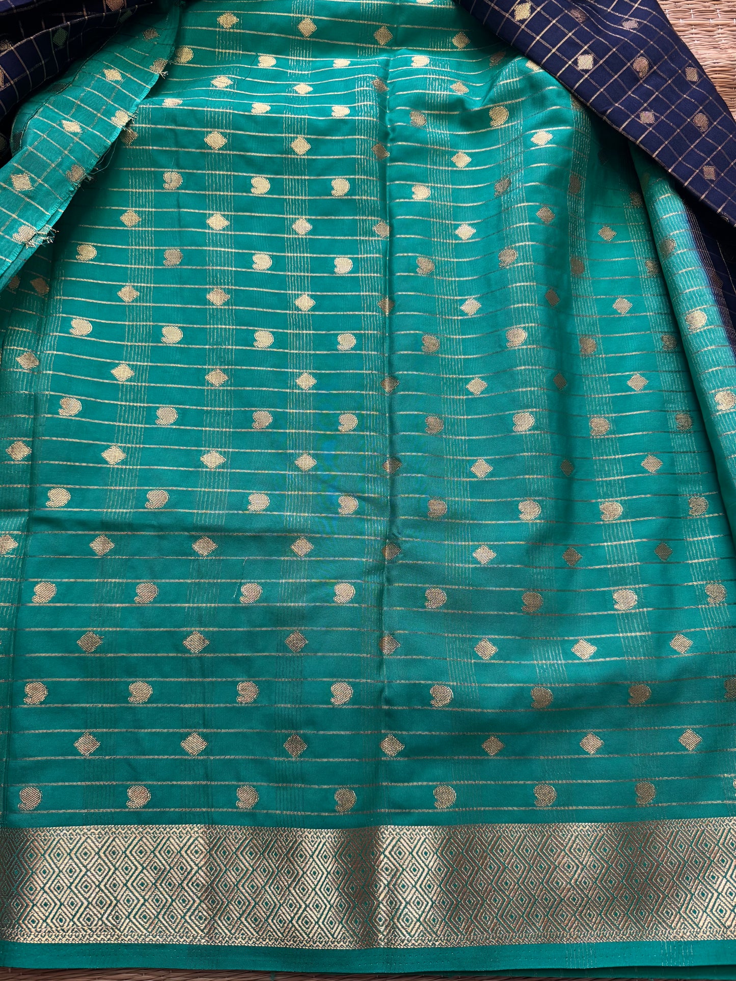 Navy Blue Mango Diamond Checks Semi Crepe Mysore Silk