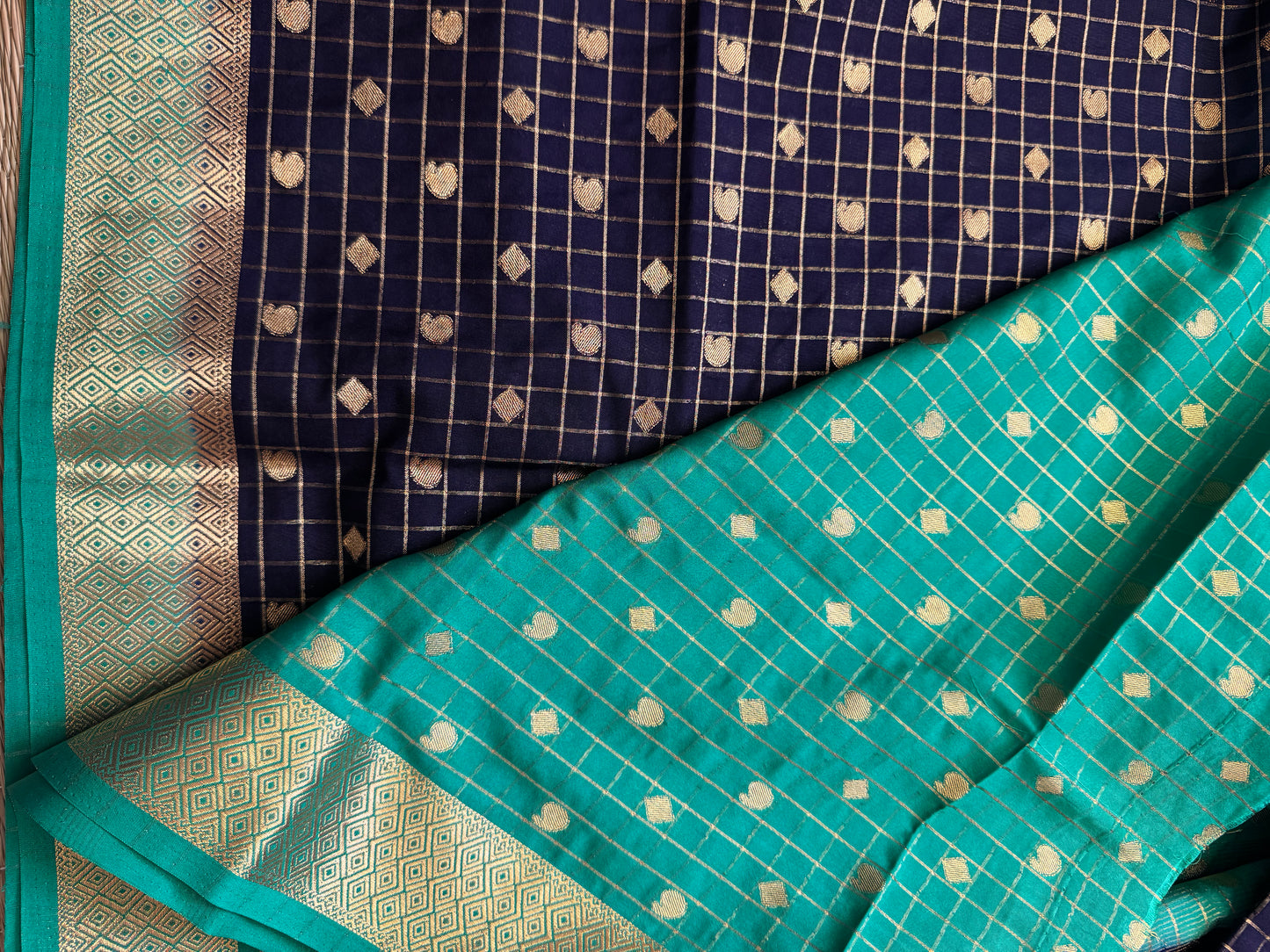 Navy Blue Mango Diamond Checks Semi Crepe Mysore Silk