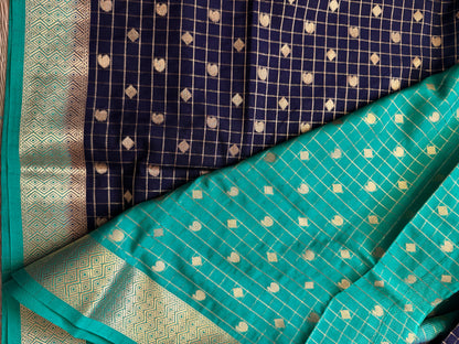 Navy Blue Mango Diamond Checks Semi Crepe Mysore Silk