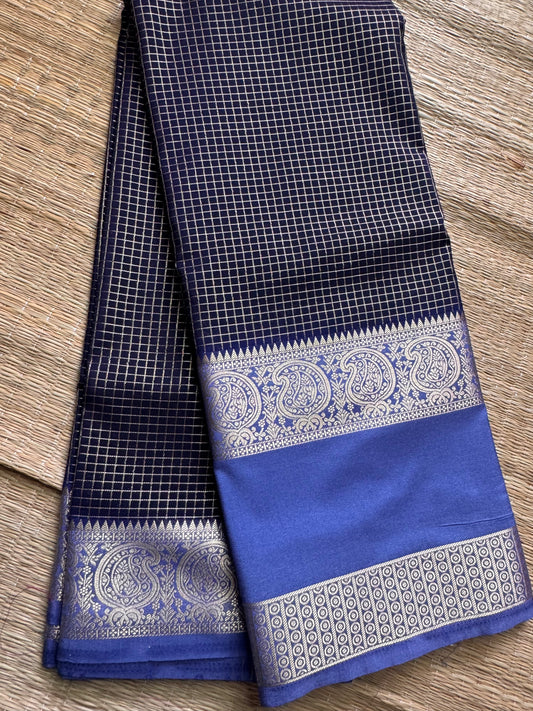 Navy Blue Rich Checks Bentex Soft Silk