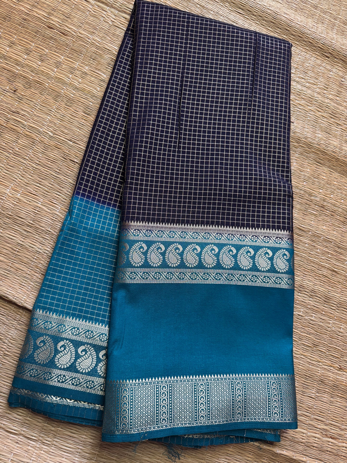 Navy Blue with sea blue Rich Checks Bentex Soft Silk