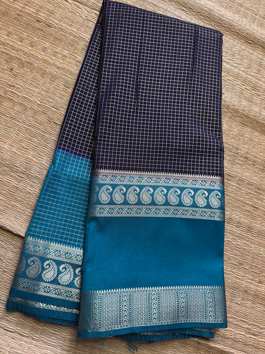 Navy Blue with sea blue Rich Checks Bentex Soft Silk