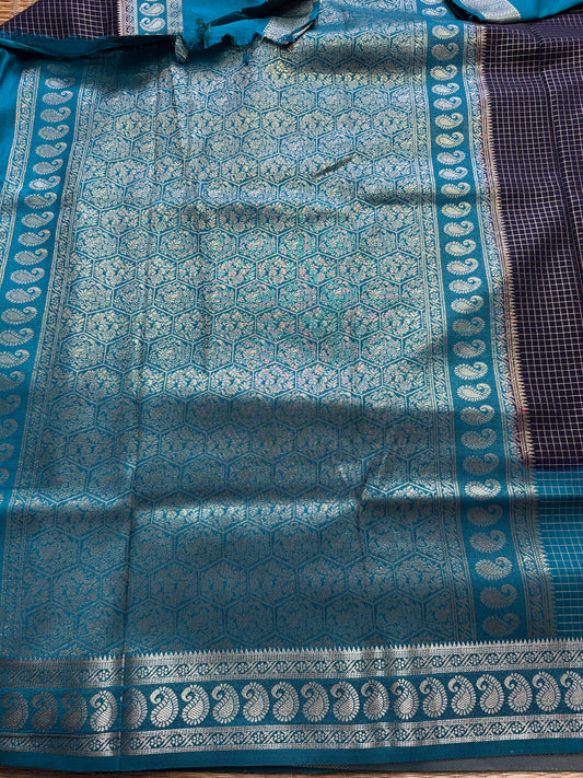 Navy Blue with sea blue Rich Checks Bentex Soft Silk
