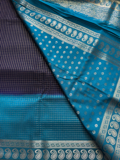 Navy Blue with sea blue Rich Checks Bentex Soft Silk