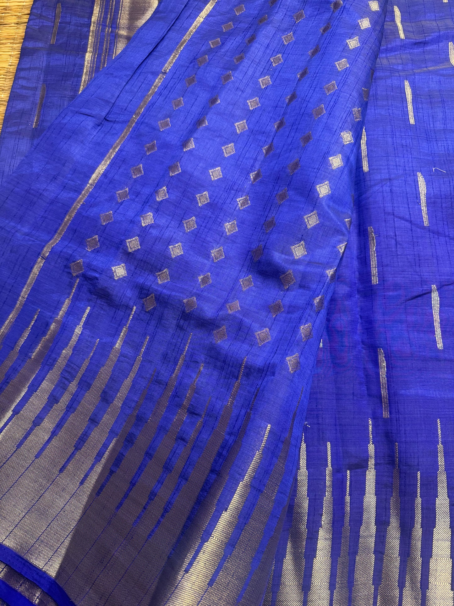 Dark Blue Soft Raw Silk in Temple Border