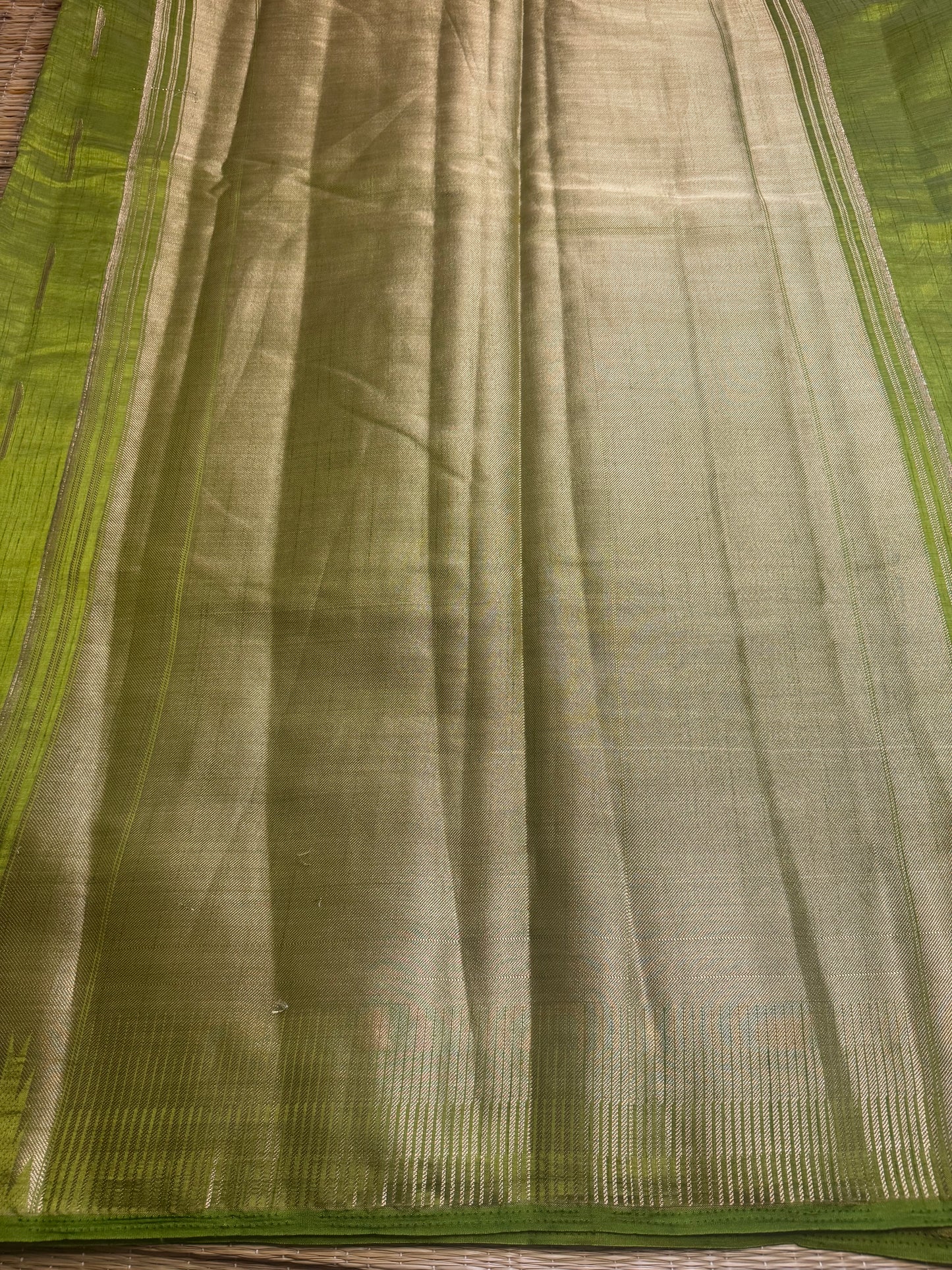 Parrot Green Soft Raw Silk in Temple Border