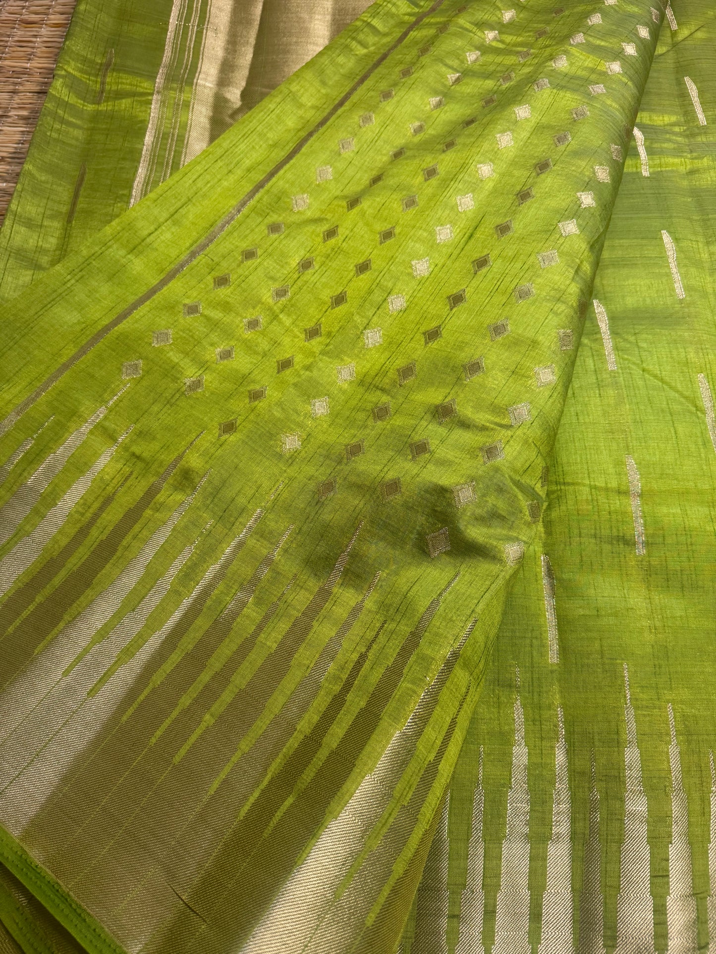Parrot Green Soft Raw Silk in Temple Border