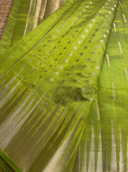 Parrot Green Soft Raw Silk in Temple Border