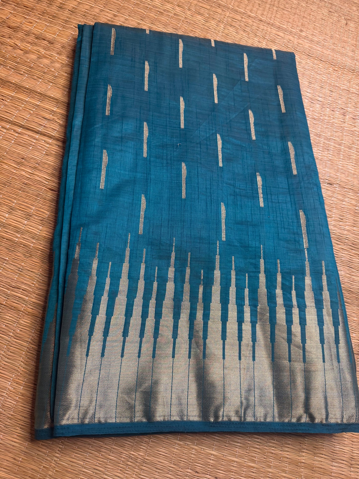 Rama Green/Sea Blue Soft Raw Silk in Temple Border