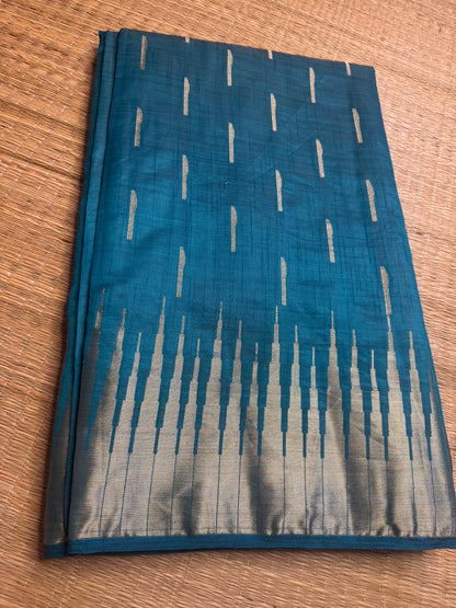 Rama Green/Sea Blue Soft Raw Silk in Temple Border