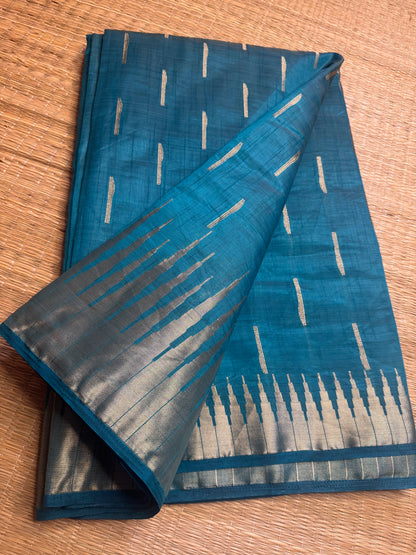 Rama Green/Sea Blue Soft Raw Silk in Temple Border