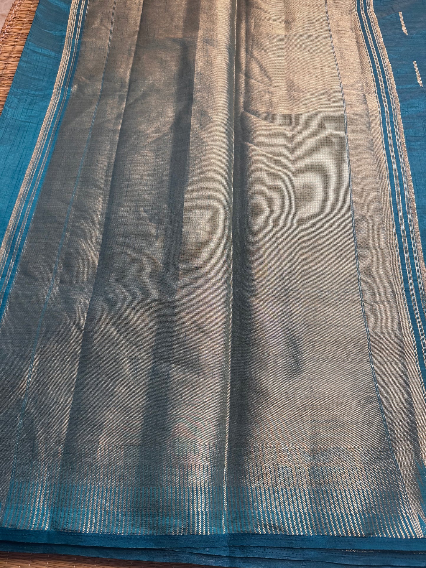 Rama Green/Sea Blue Soft Raw Silk in Temple Border