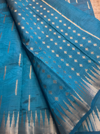 Rama Green/Sea Blue Soft Raw Silk in Temple Border