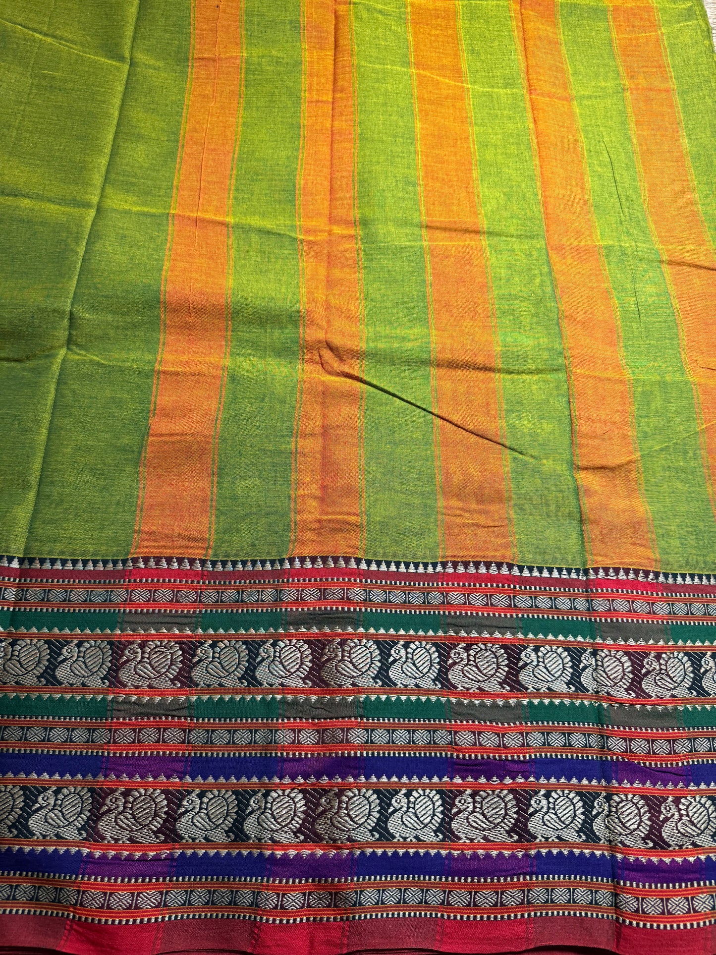 Parrot Green Dual Peacock Pure Cotton Saree