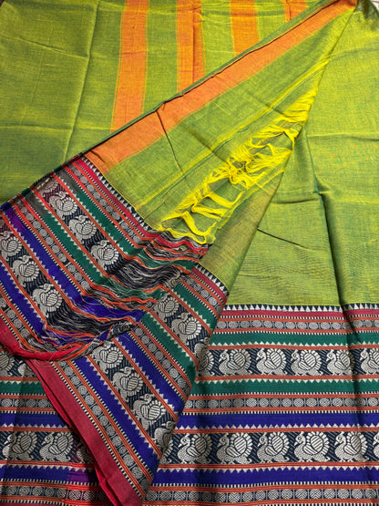 Parrot Green Dual Peacock Pure Cotton Saree