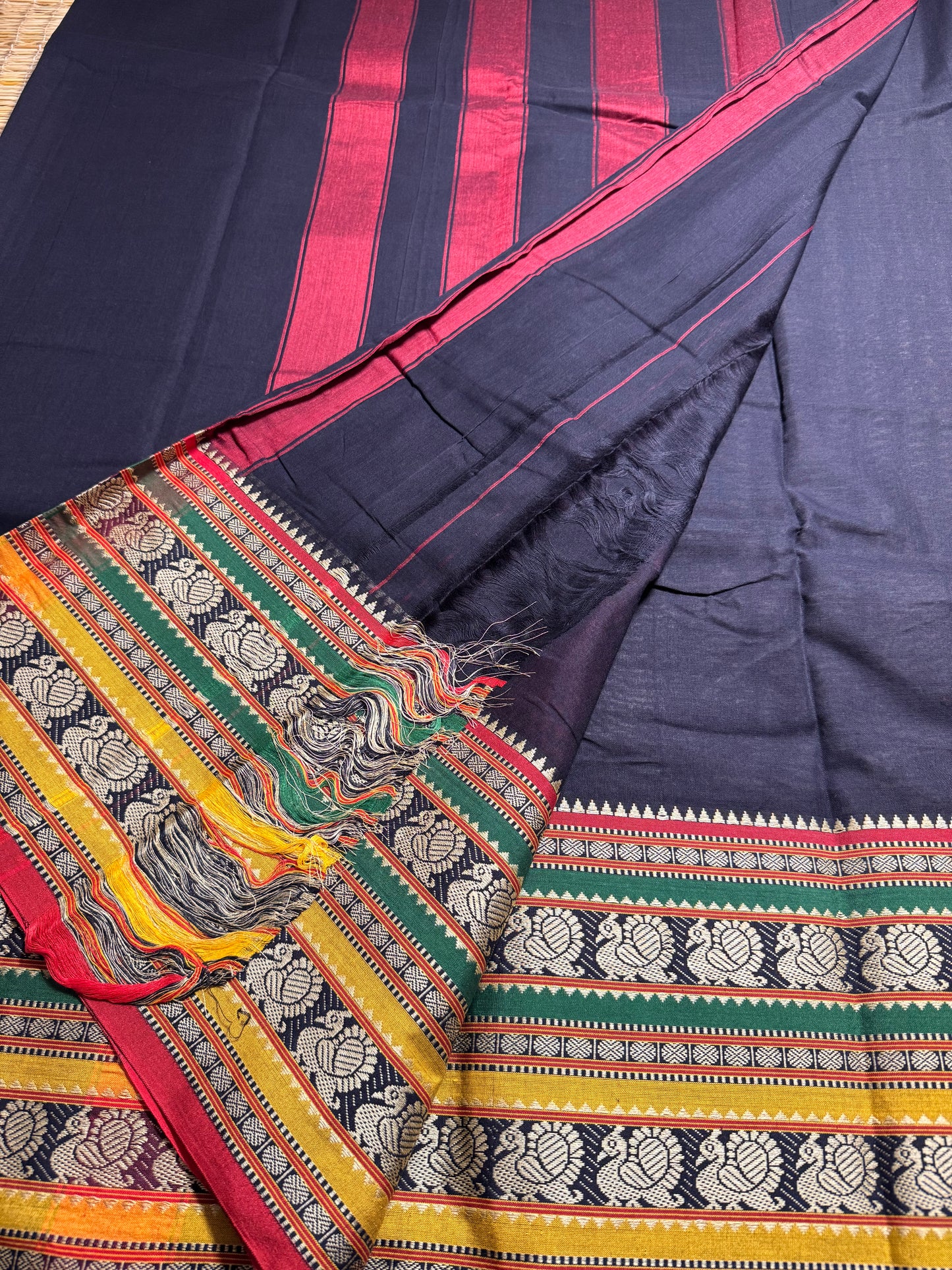Black Dual Peacock Pure Cotton Saree