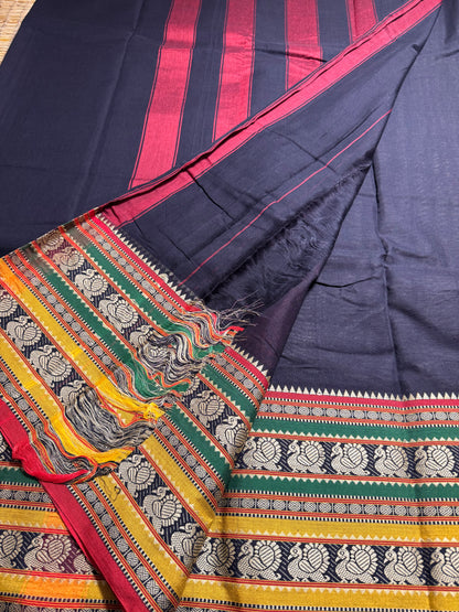 Black Dual Peacock Pure Cotton Saree