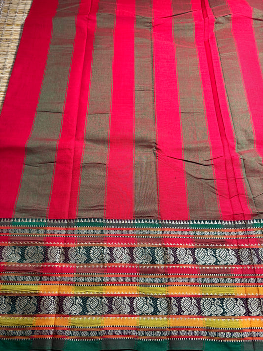 Red Dual Peacock Pure Cotton Saree