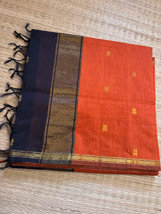 Orange-Black Maheshwari Cotton Saree