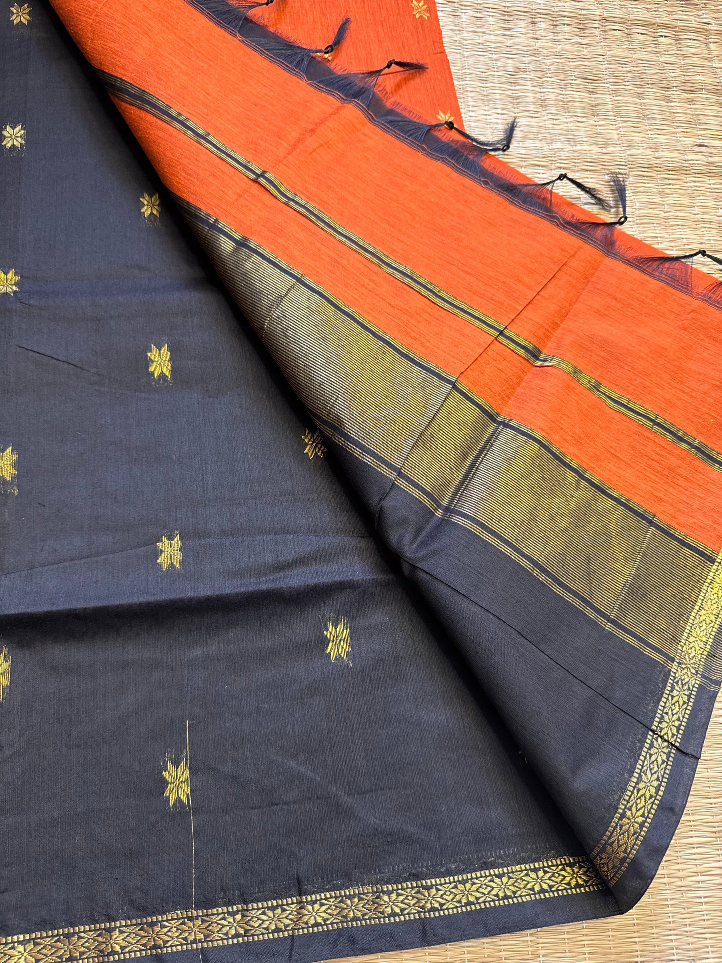 Orange-Black Maheshwari Cotton Saree