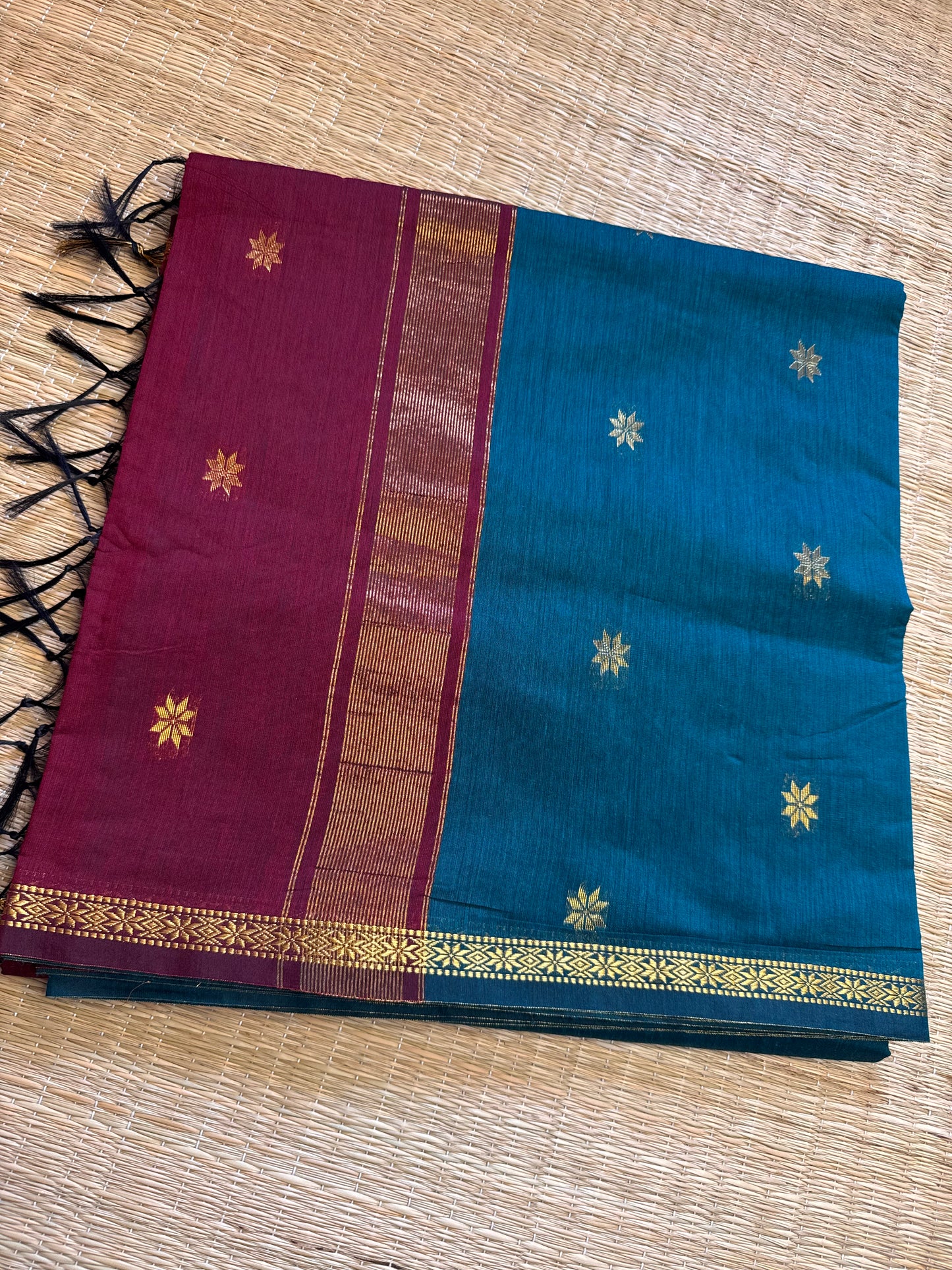 Peacock Blue-Maroon Maheshwari Cotton Saree