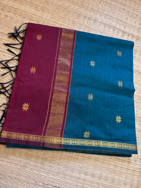 Peacock Blue-Maroon Maheshwari Cotton Saree
