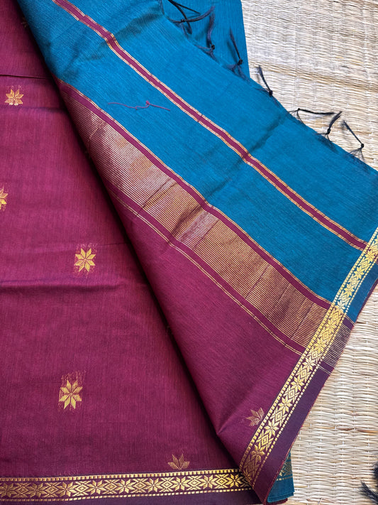Peacock Blue-Maroon Maheshwari Cotton Saree