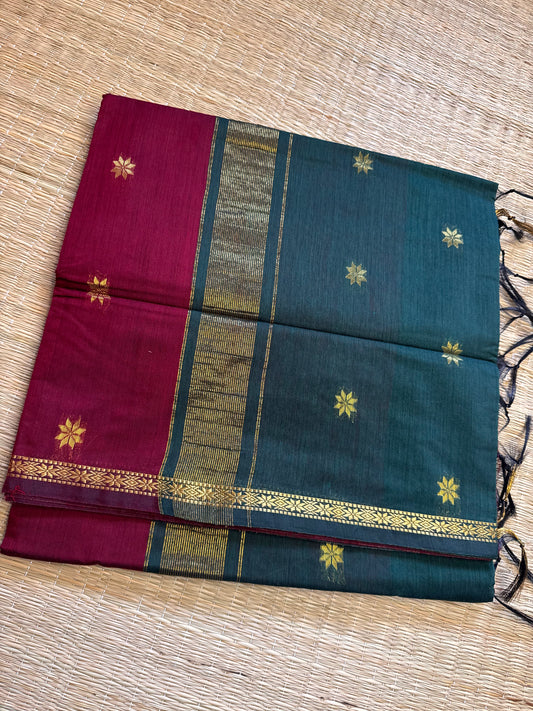 Maroon-Green Maheshwari Cotton Saree