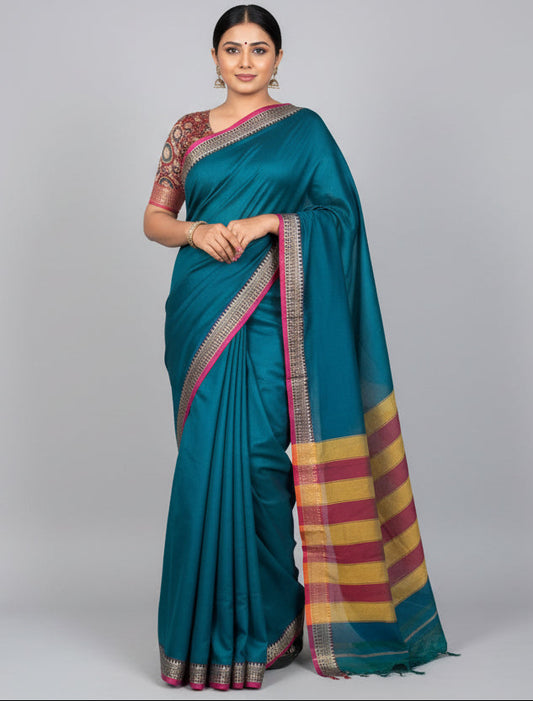 Peacock Blue Pure Cotton Saree (Small Border)