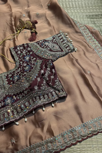 Copper Brown Fancy Saree with Ready Blouse