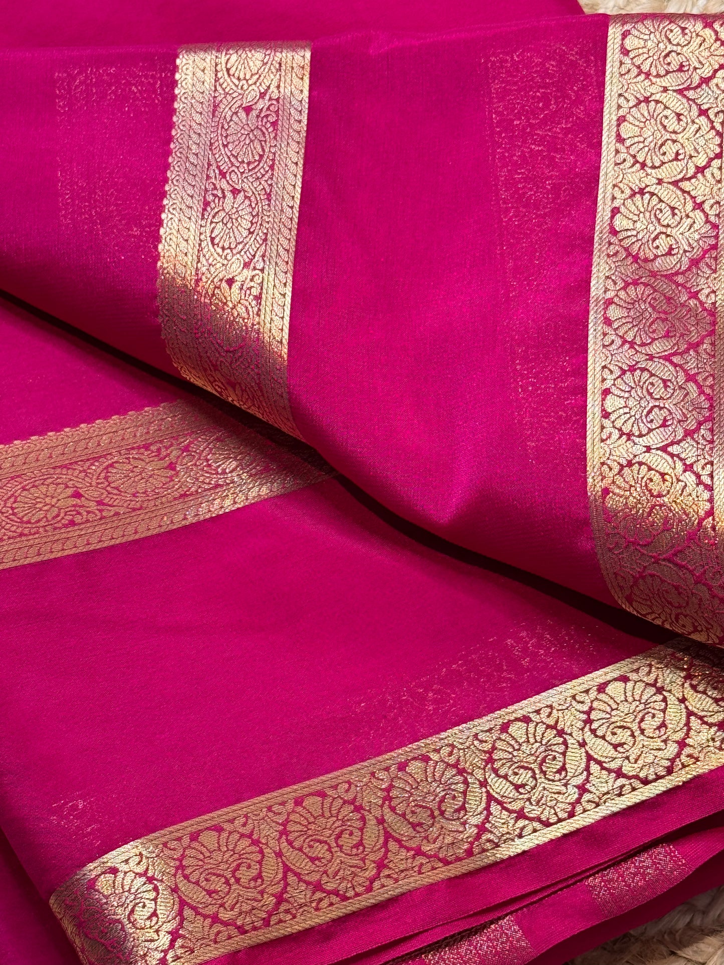 Semi Mysore Crepe Silk (Rani Pink Bentex Border)