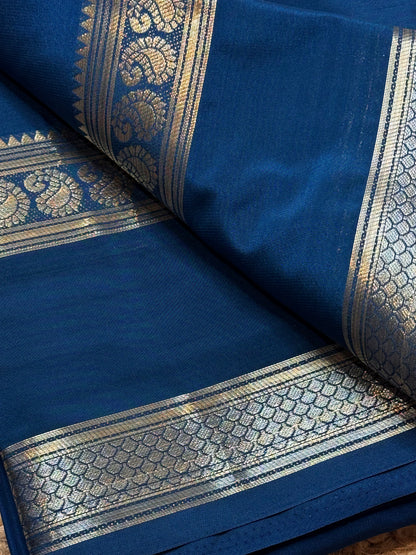 Semi Mysore Crepe Silk (Sea Blue Self colour - Bentex Border)
