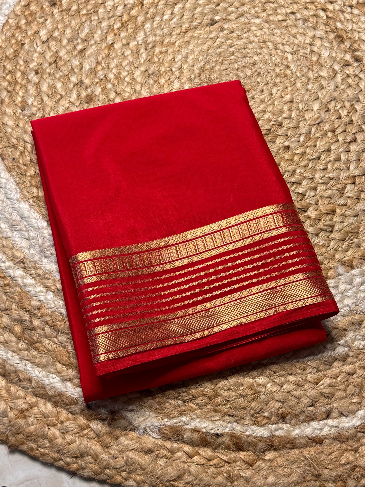 Semi Mysore Crepe Silk (Red Self colour - Line Border)