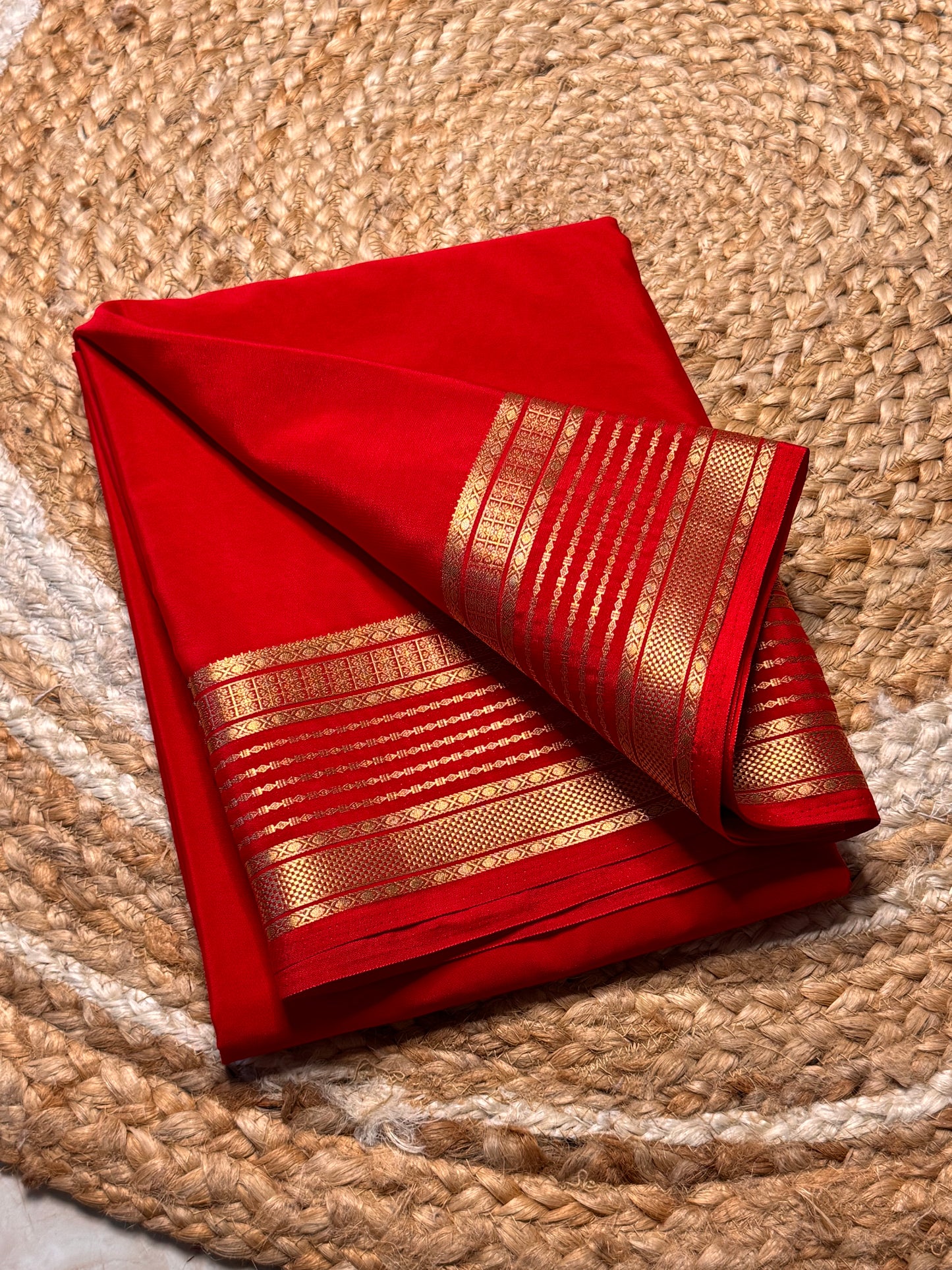 Semi Mysore Crepe Silk (Red Self colour - Line Border)