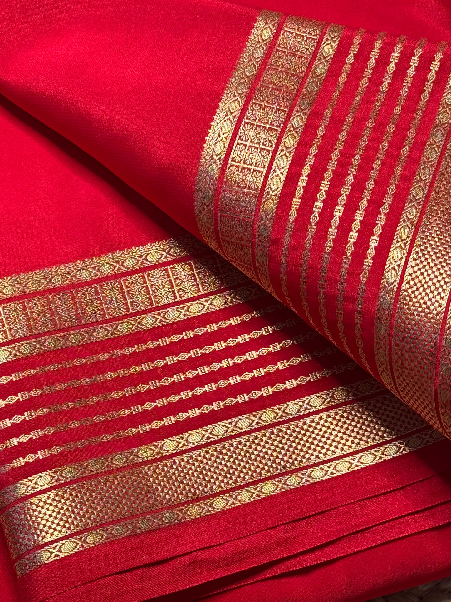 Semi Mysore Crepe Silk (Red Self colour - Line Border)