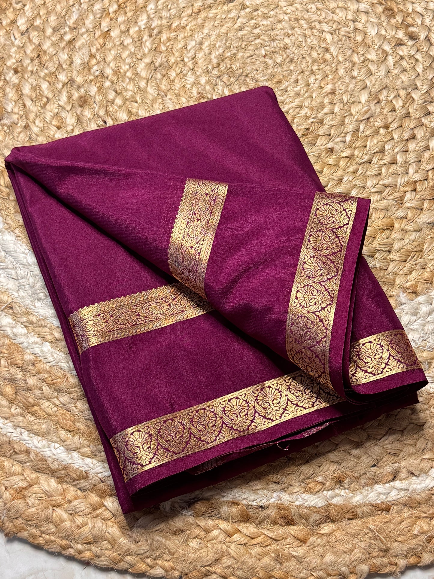 Semi Mysore Crepe Silk (Purple Bentex Border)