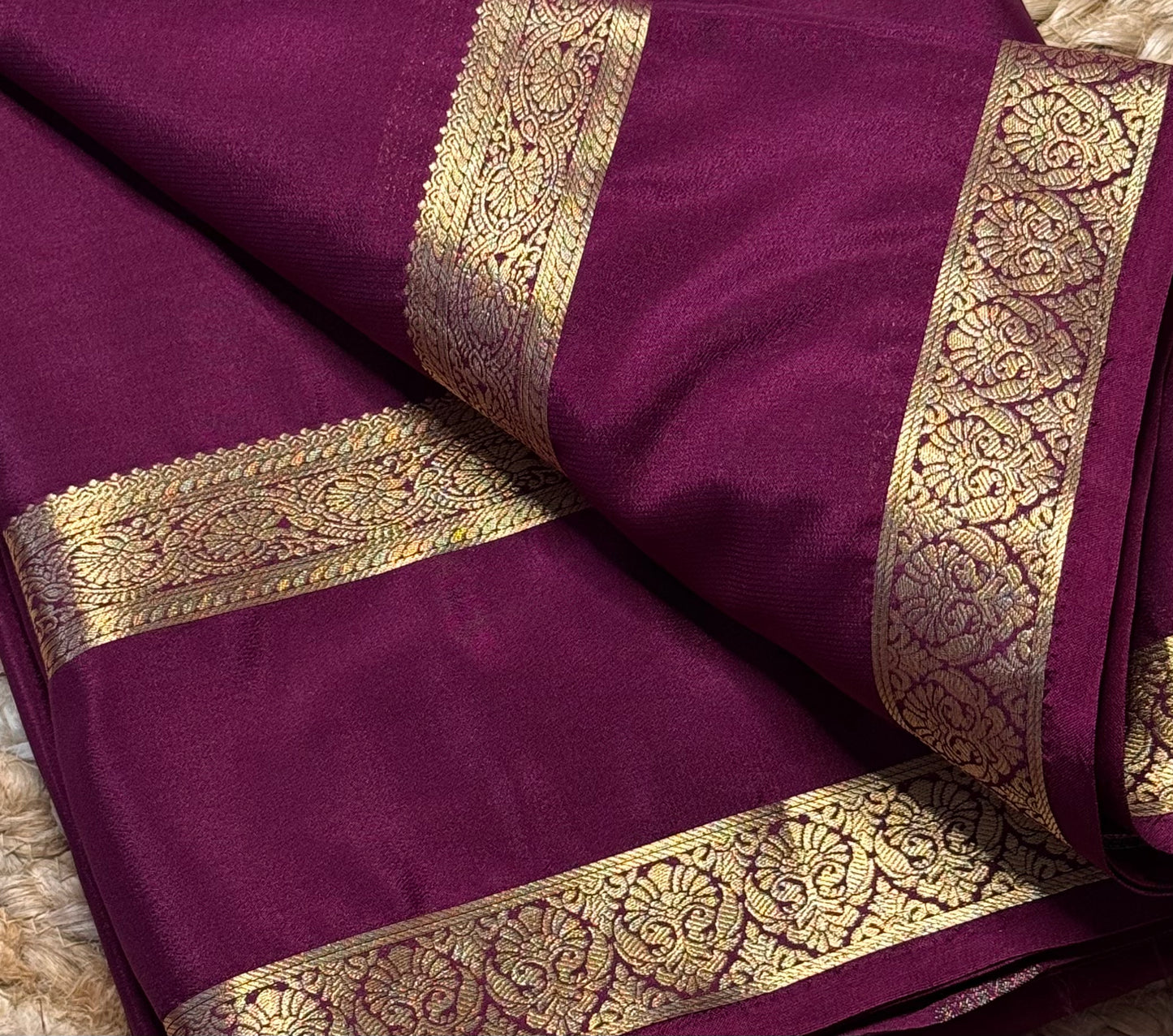 Semi Mysore Crepe Silk (Purple Bentex Border)