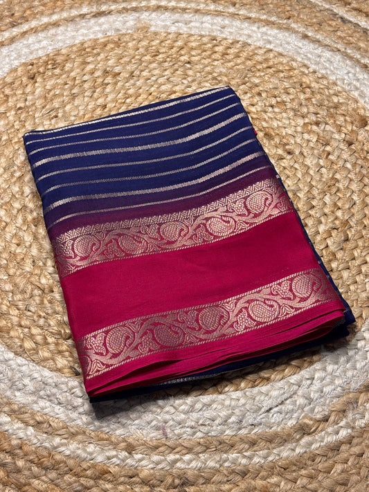 Crepe Silk Saree (Navy Blue with Pink)