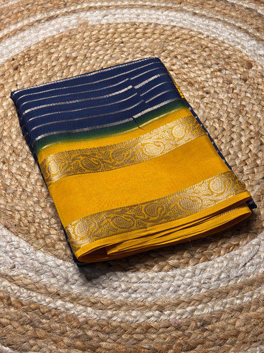 Crepe Silk Saree (Peacock Blue with Yellow)