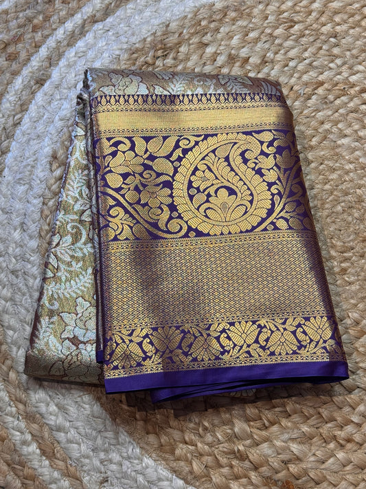 Golden Blue Brocade Semi Kanchi Silk Saree