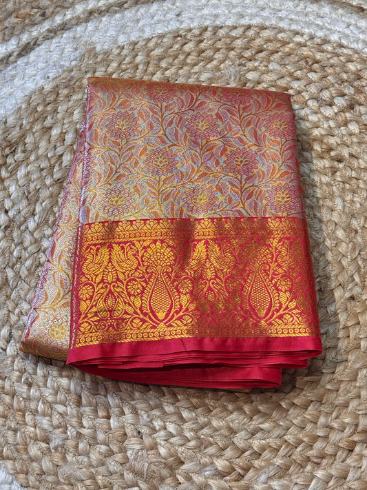 Golden Red Brocade Semi Kanchi Silk Saree