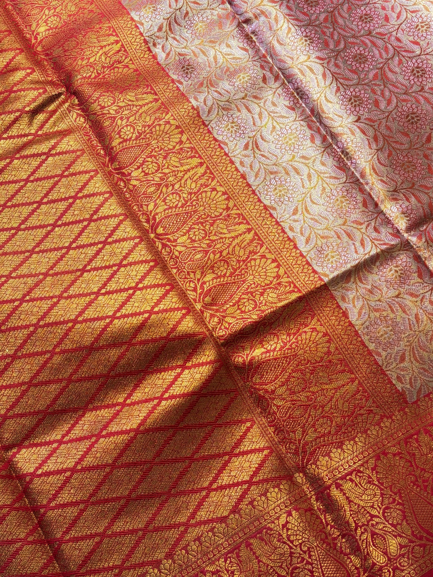 Golden Red Brocade Semi Kanchi Silk Saree