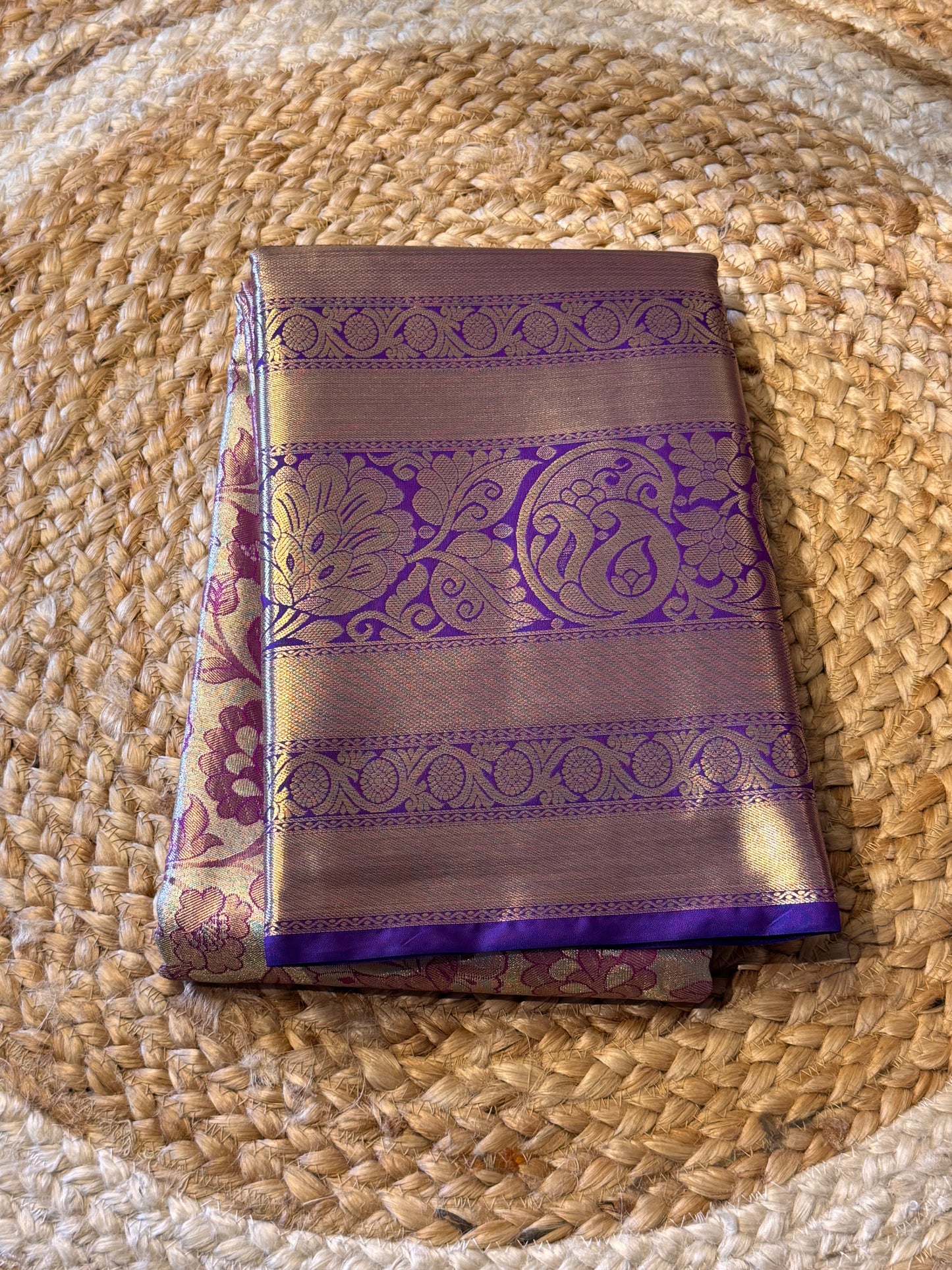 Golden Purple with Blue Brocade Semi Kanchi Silk Saree