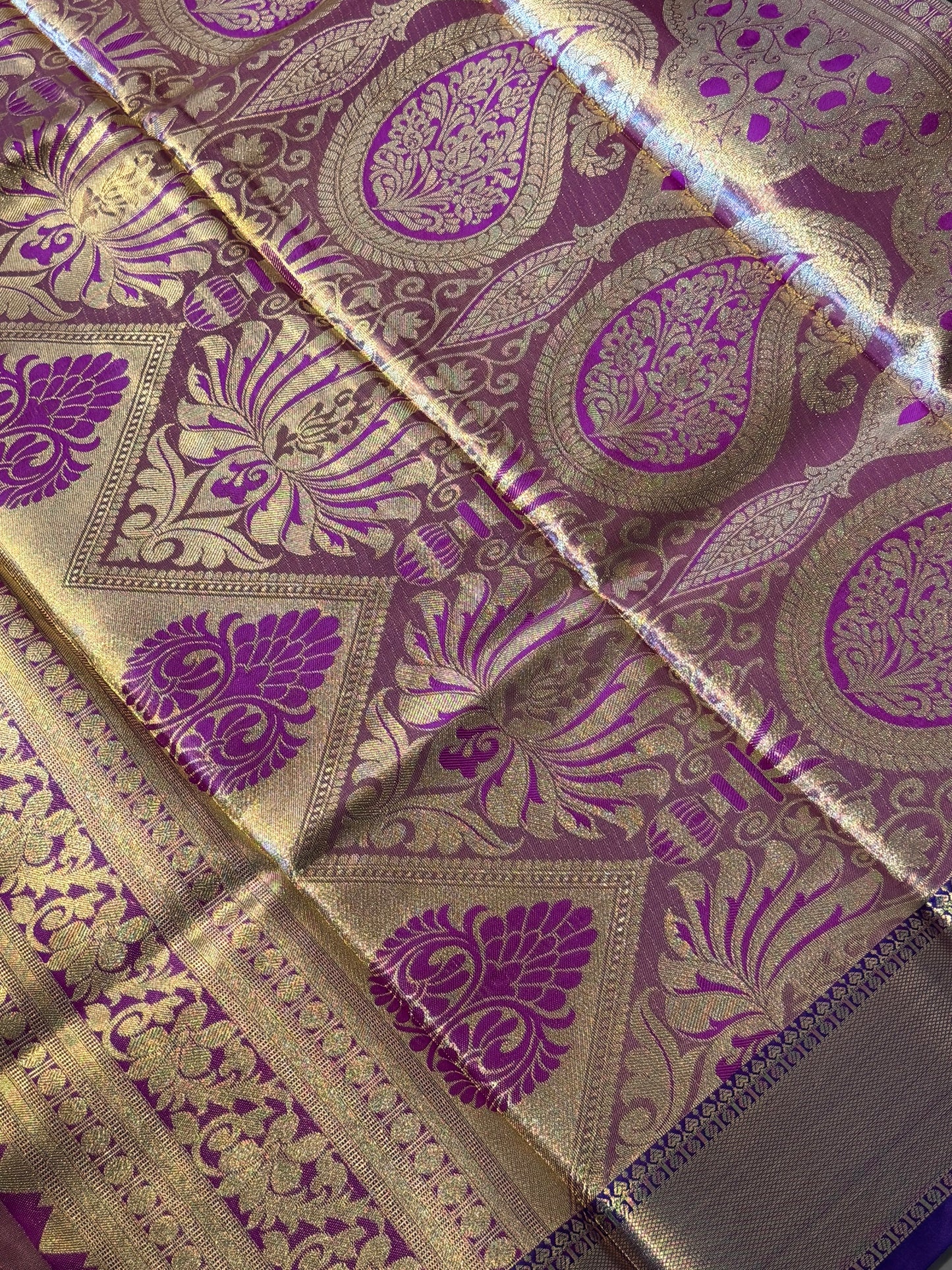 Golden Purple with Blue Brocade Semi Kanchi Silk Saree