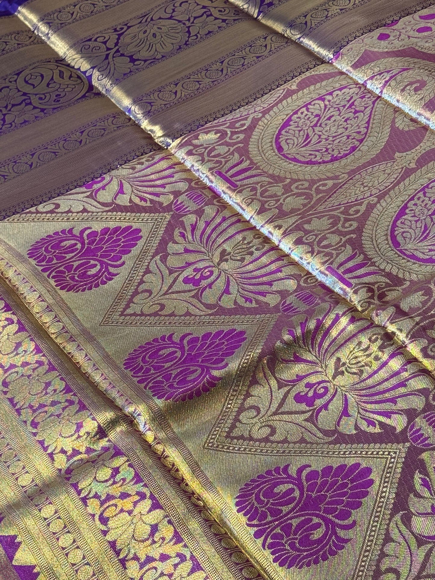 Golden Purple with Blue Brocade Semi Kanchi Silk Saree