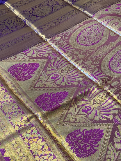 Golden Pink with Purple Brocade Semi Kanchi Silk Saree