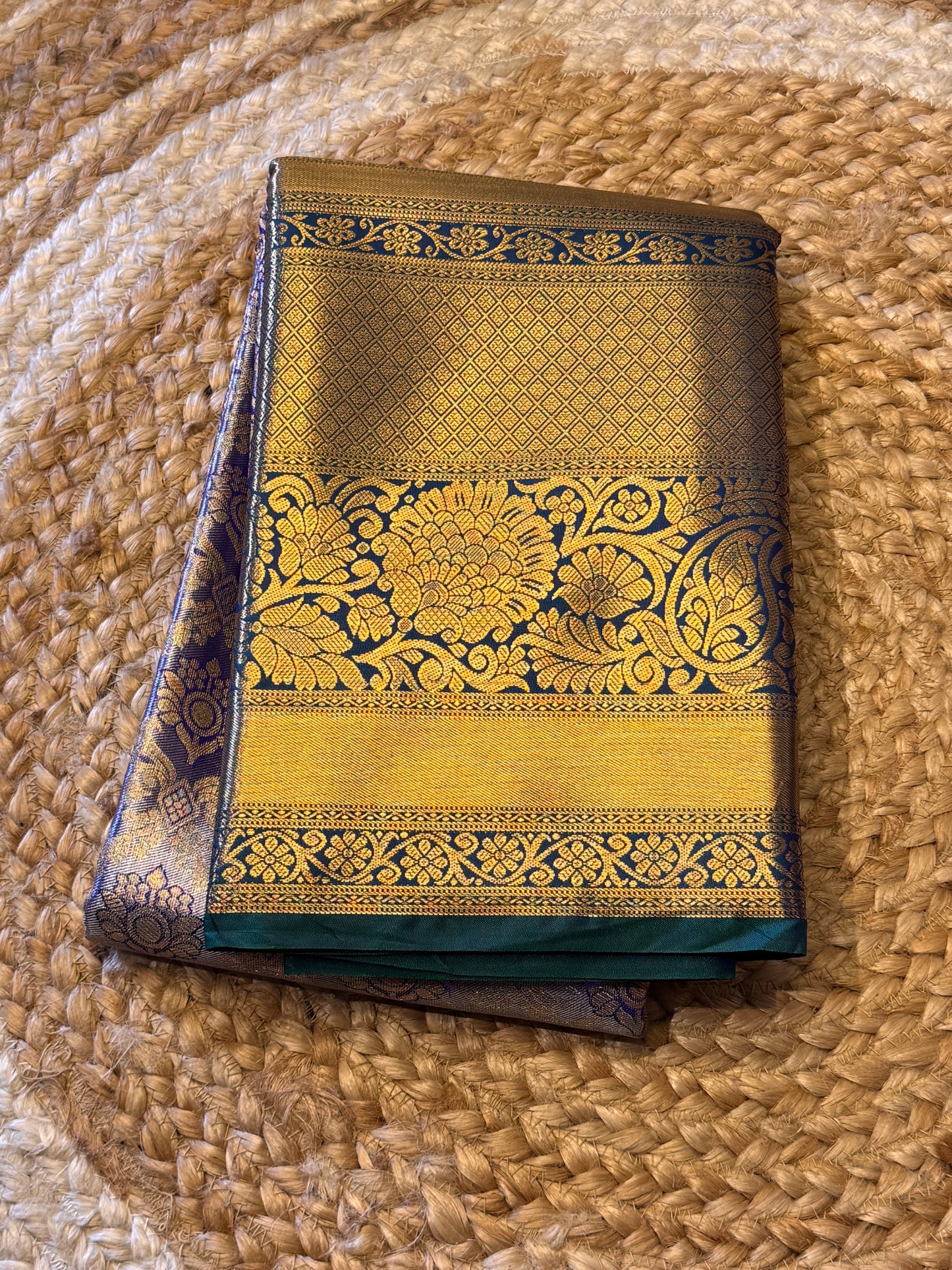 Golden Purple with Green Brocade Semi Kanchi Silk Saree