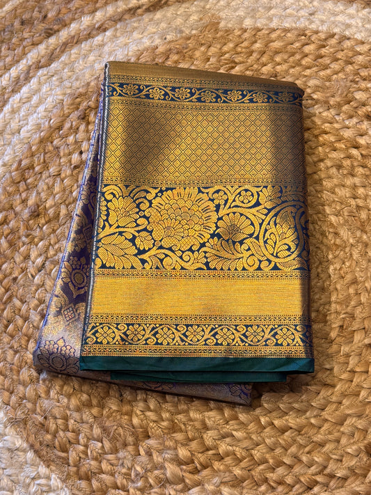 Golden Purple with Green Brocade Semi Kanchi Silk Saree
