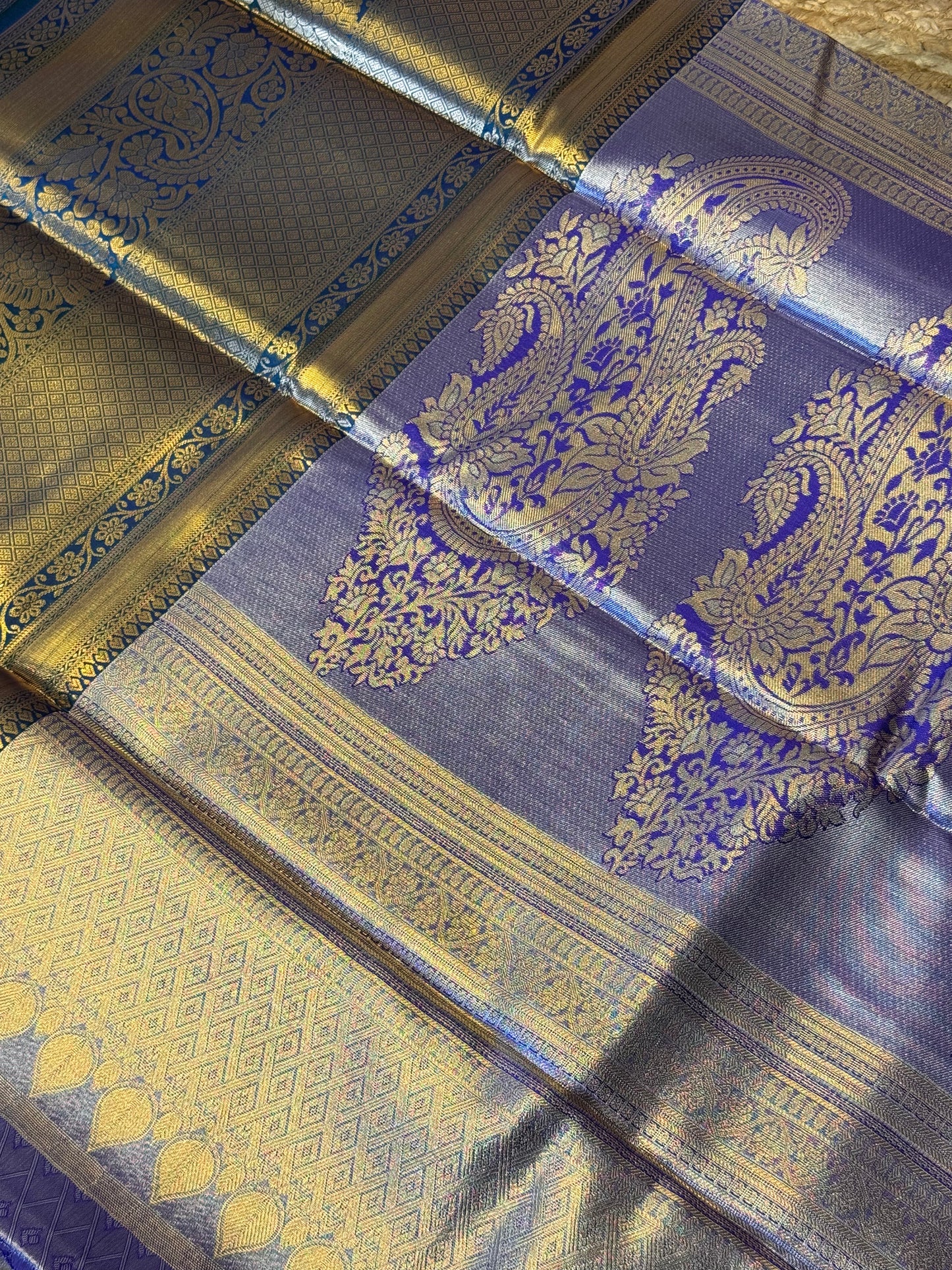 Golden Purple with Green Brocade Semi Kanchi Silk Saree