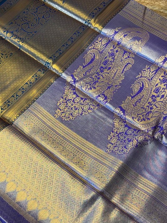 Golden Purple with Green Brocade Semi Kanchi Silk Saree
